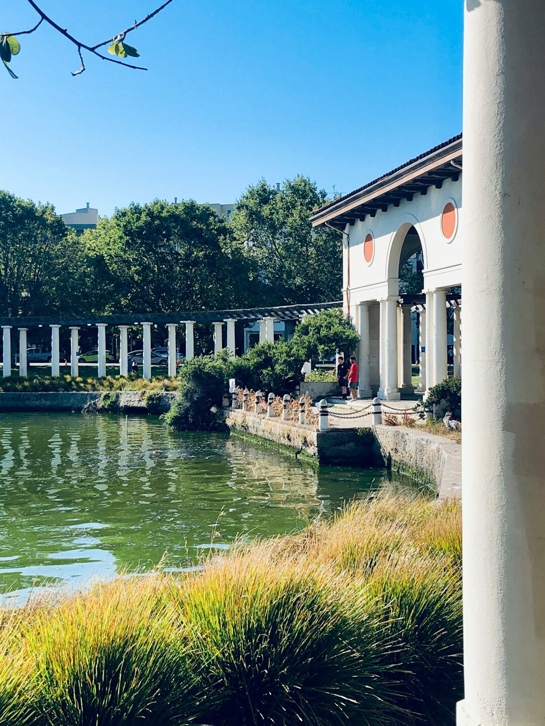 Grand lakeside villa facade with manicured gardens